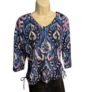 Vtg Women's Caribbean Joe Island Supply Co. Petite Large Ikat Abstract Blouse